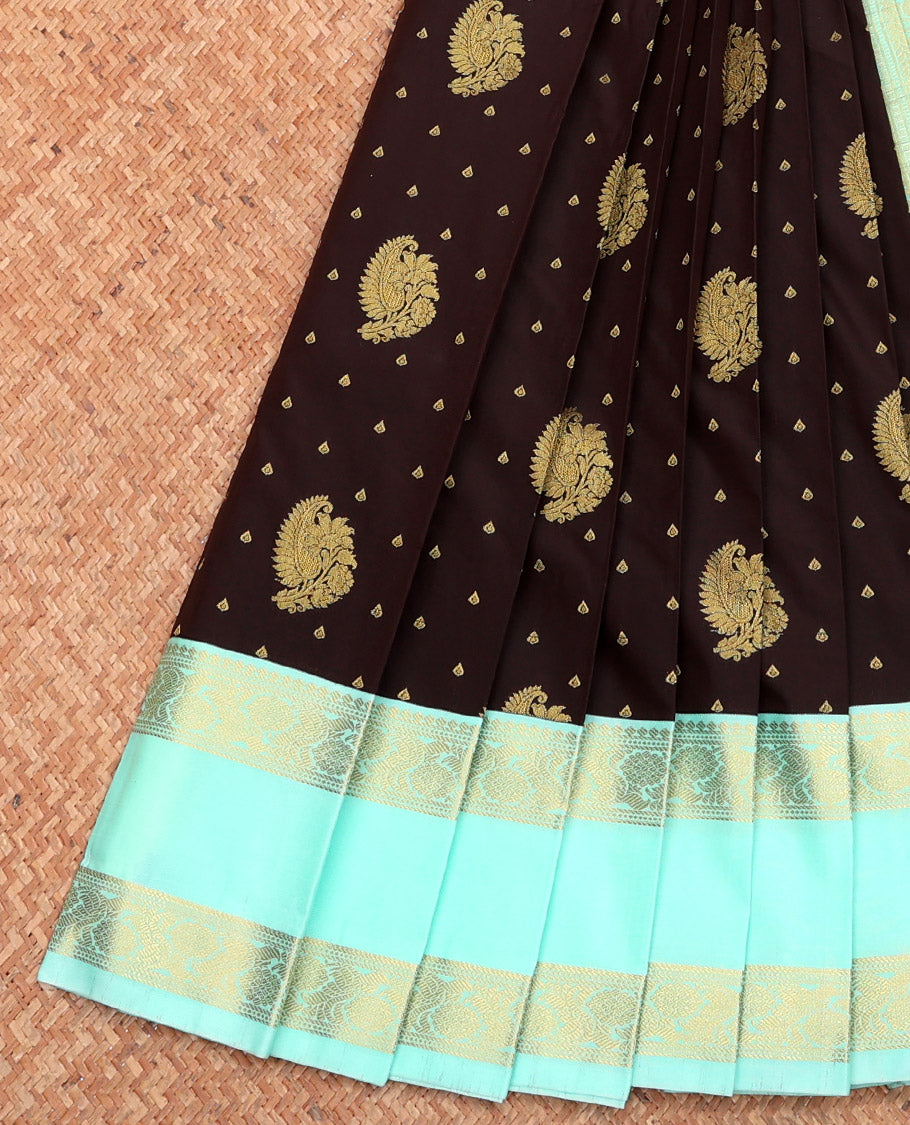 Brown Budget Silk Saree, Finely Crafted with Zari Buttas, Complemented by a Contrast Traditional Zari Rettai Pettu Border, Grand Pallu, and Contrast Blouse