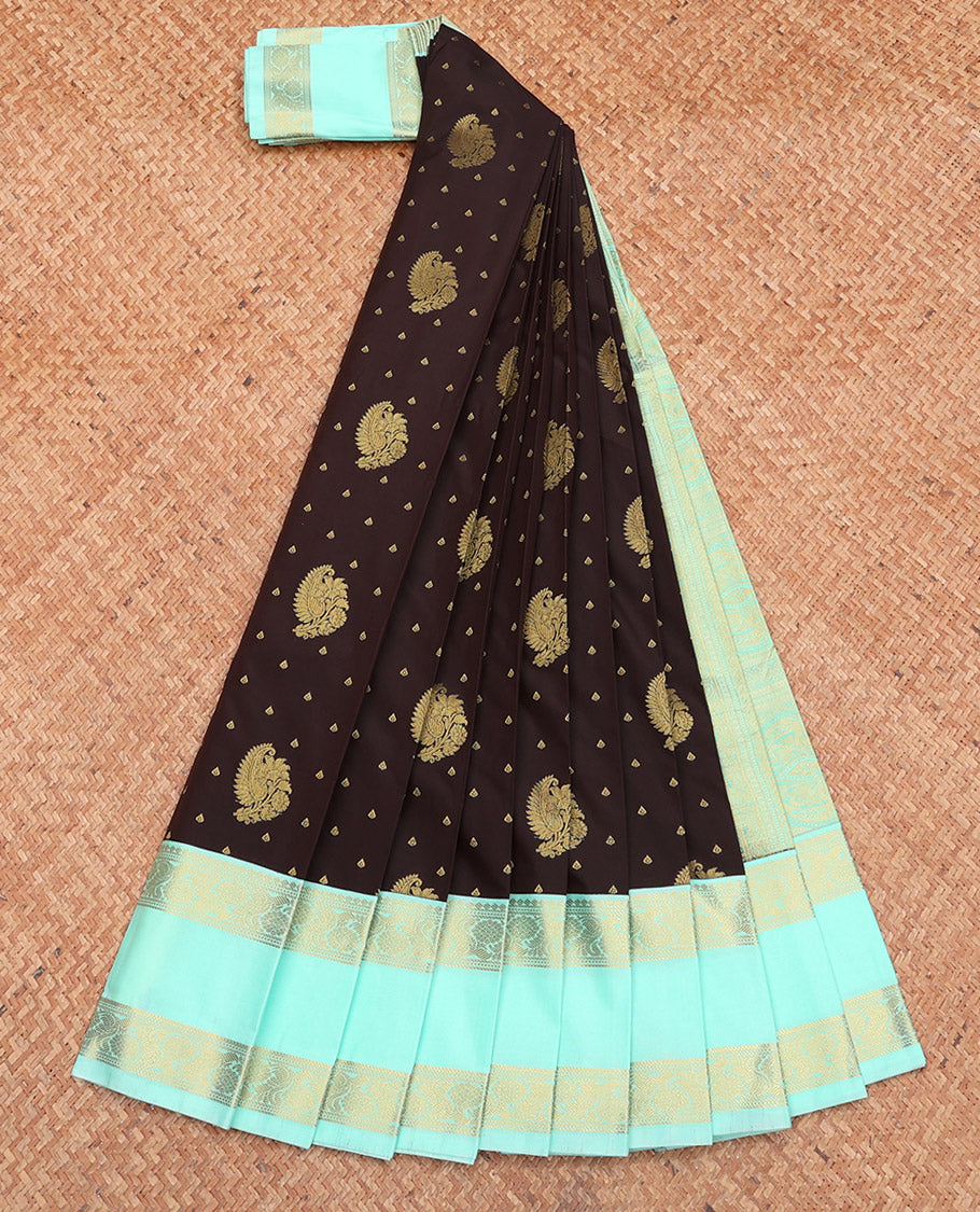 Brown Budget Silk Saree, Finely Crafted with Zari Buttas, Complemented by a Contrast Traditional Zari Rettai Pettu Border, Grand Pallu, and Contrast Blouse
