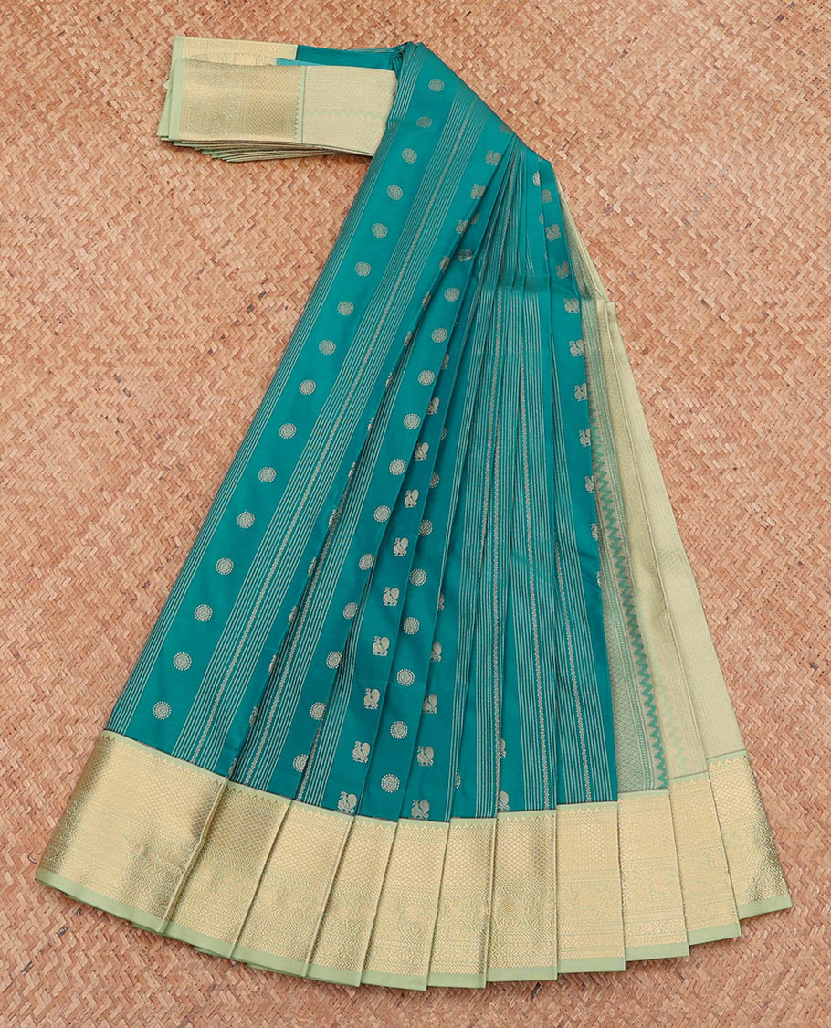 Green Budget Silk Saree, Ornamented with Peacock-Chakram Buttas and Stripes, Complemented by a Contrast Traditional Zari Border, Grand Pallu, and a Contrast Blouse