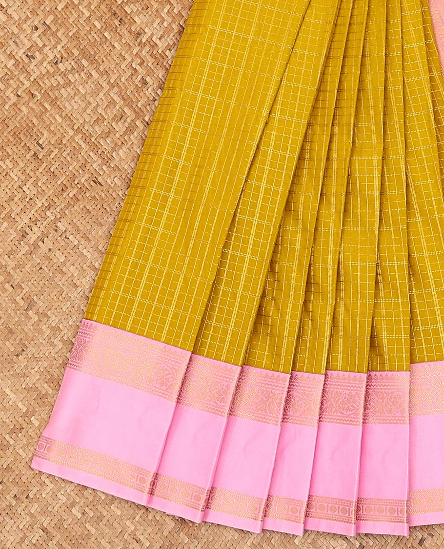 Yellow zari checked gift saree, contrast traditional zari design rettai pettu border, and jaal pallu