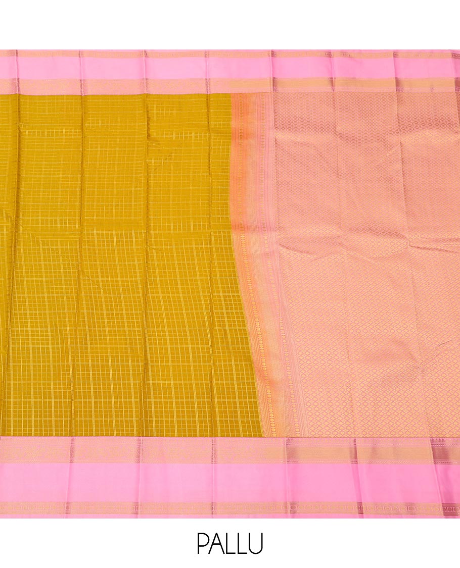 Yellow zari checked gift saree, contrast traditional zari design rettai pettu border, and jaal pallu