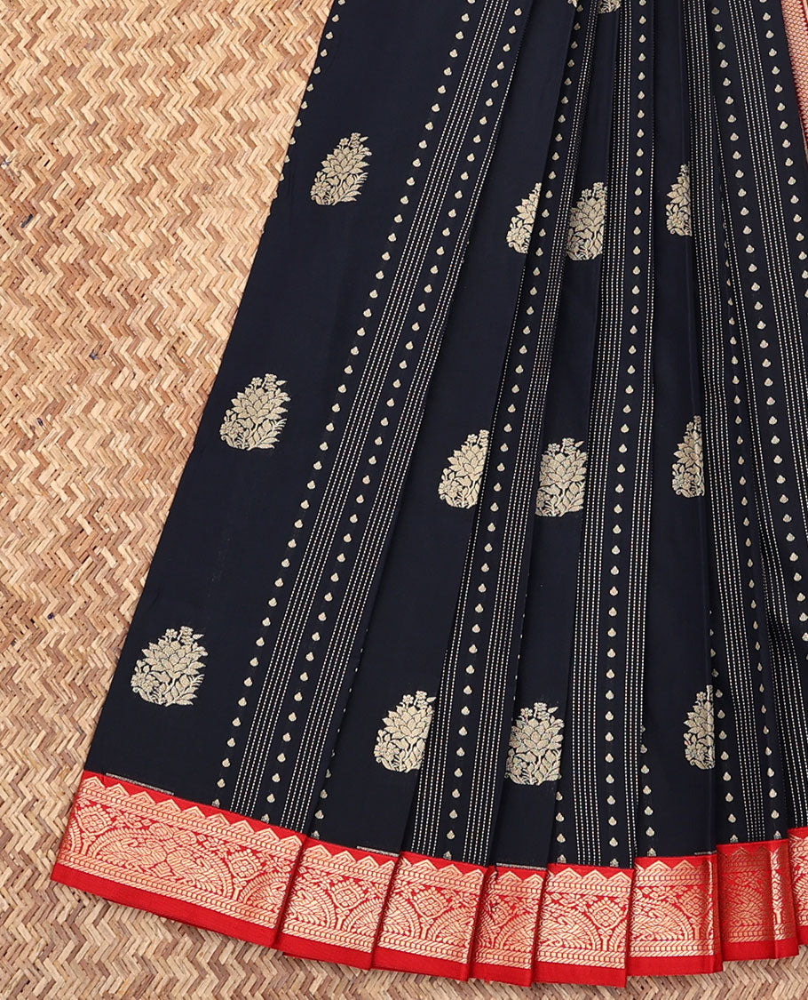 Black Budget Silk Saree, Highlighted with Buttas All Over Its Body, Complemented by a Contrast Traditional Zari Border of Peacocks, Grand Pallu of Geometric Design, and Paired with a Contrast Blouse