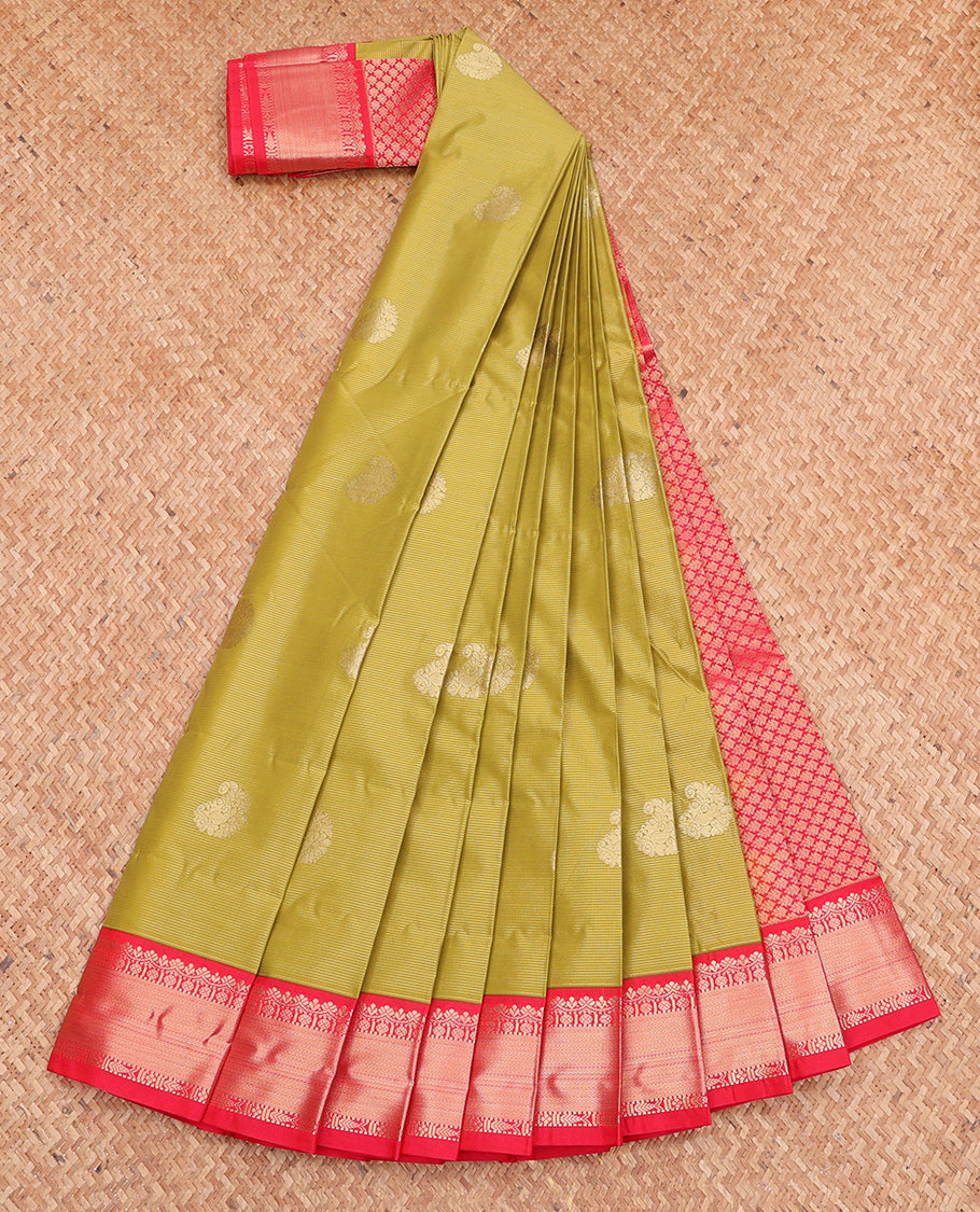 Green Budget Silk Saree, Richly Detailed with Zari Buttas and Stripes, Complemented by Contrast Traditional Zari Border, Grand Pallu, and a Contrast Blouse