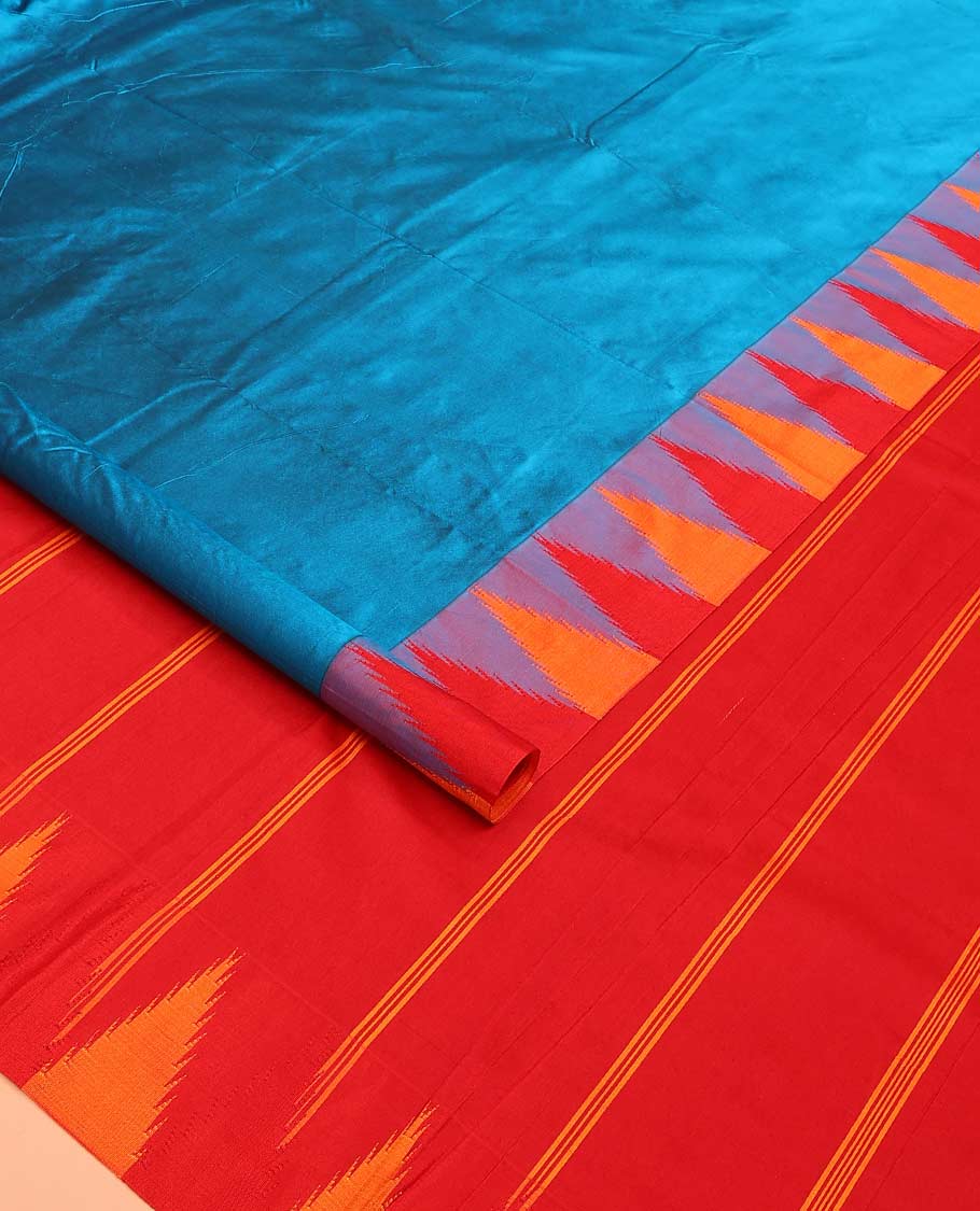 Blue plain Bangalore silk saree, contrast temple border, and striped pallu