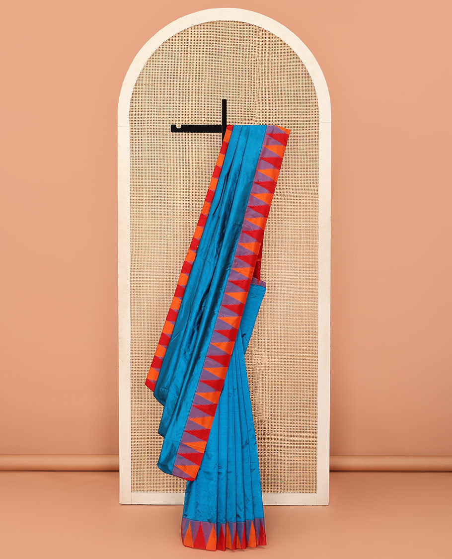Blue plain Bangalore silk saree, contrast temple border, and striped pallu