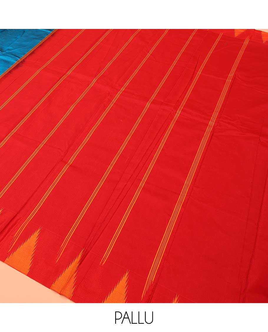 Blue plain Bangalore silk saree, contrast temple border, and striped pallu
