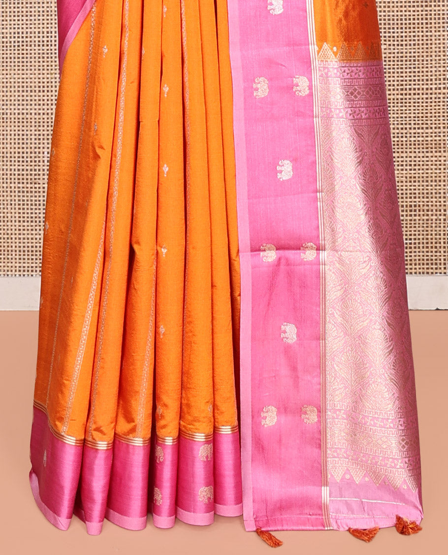 Orange Satin Silk Saree, Artfully Detailed with Buttas and Stripes, Complemented by a Contrast Elephant Motif Border, Grand Jaal Pallu, and a Contrast Blouse
