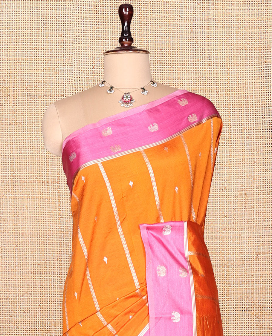 Orange Satin Silk Saree, Artfully Detailed with Buttas and Stripes, Complemented by a Contrast Elephant Motif Border, Grand Jaal Pallu, and a Contrast Blouse