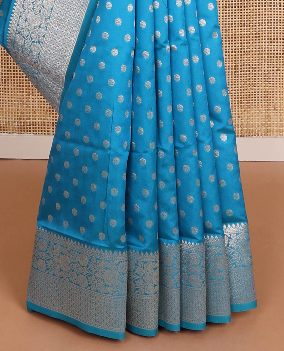 Blue zari buttas butter silk saree, traditional zari design border & zari floral design weave pallu