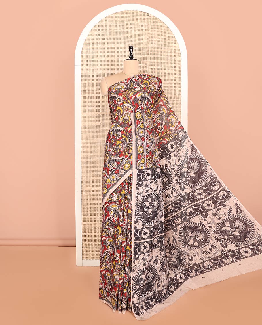 Multi-color Machine-Printed Kalamkari Cotton Saree Features Intricate Floral Motifs, a Floral Creeper Border, Kalamkari Printed Pallu, and a Contrast Blouse