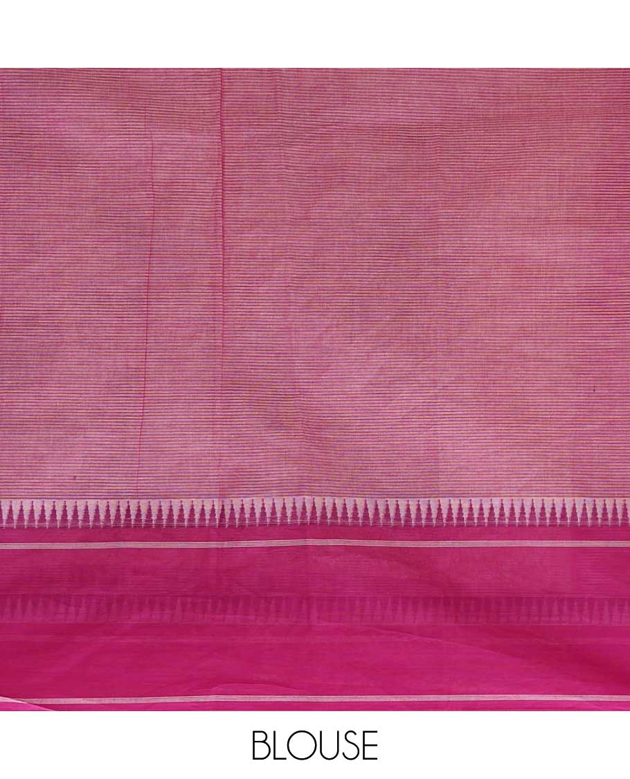 Beige kalamkari-style floral vine & elephant chirala cotton saree, contrast pink temple border & paithani design pallu
