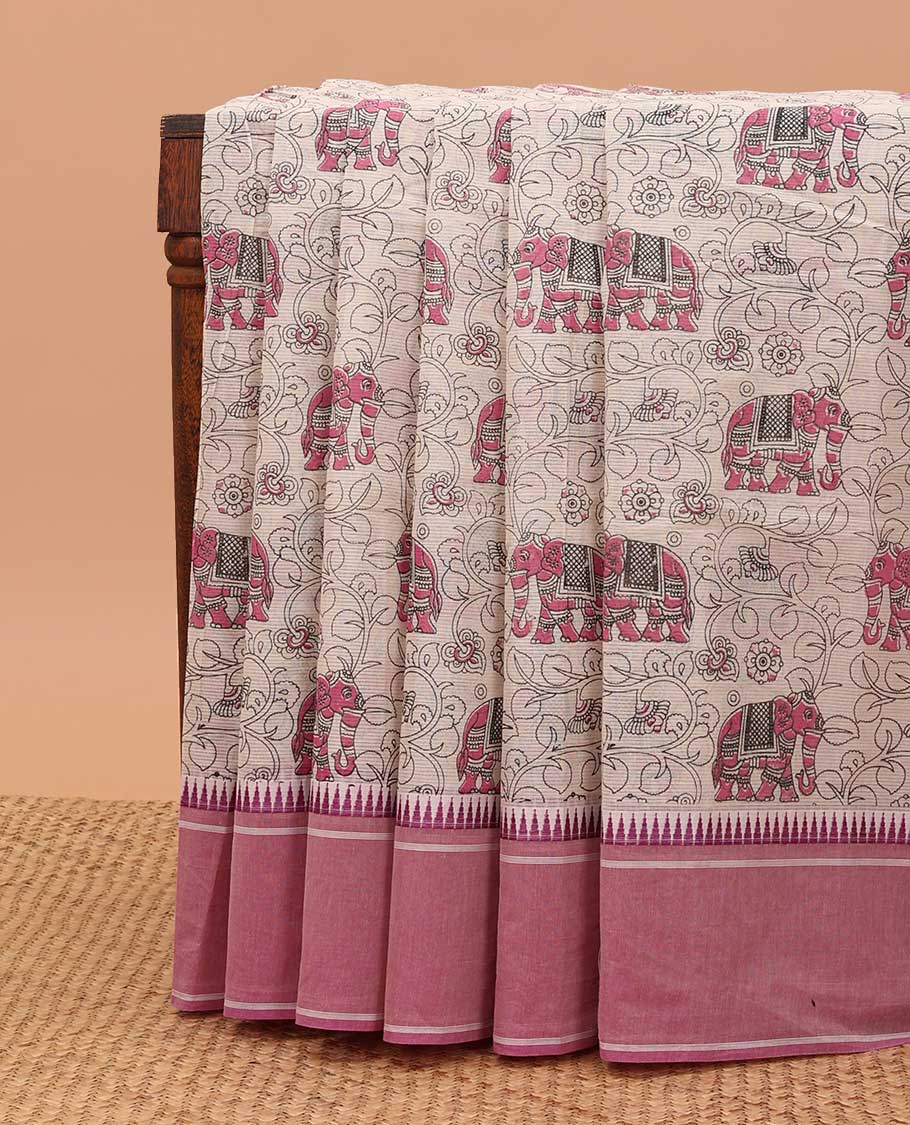 Beige kalamkari-style floral vine & elephant chirala cotton saree, contrast pink temple border & paithani design pallu