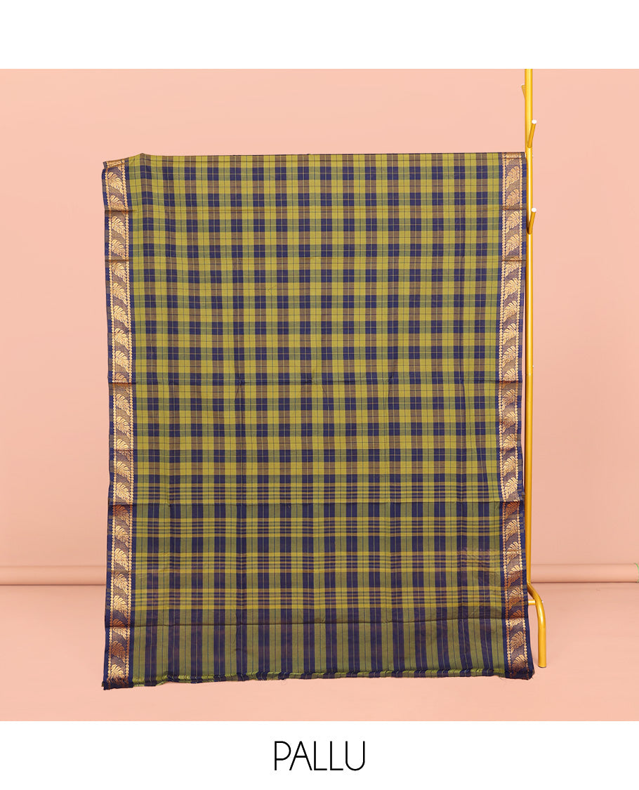 Green-Blue Chettinad Cotton Saree, Elevated with Checks, a Leaf Design Woven Border, Striped Pallu, and No Blouse