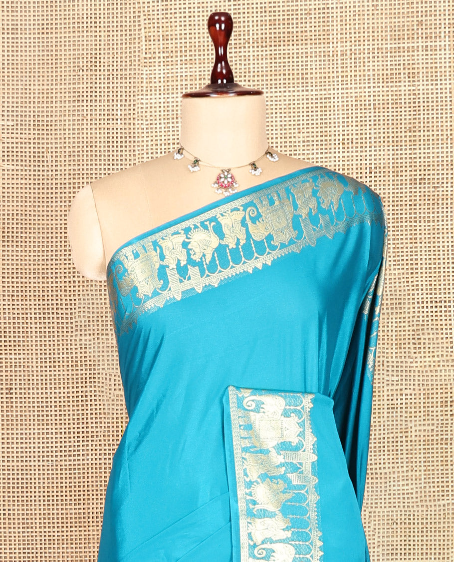 Rama Blue Plain Semi-Mysore Saree, Zari Wedding-Themed Border, Zari Striped Pallu, Matching Blouse