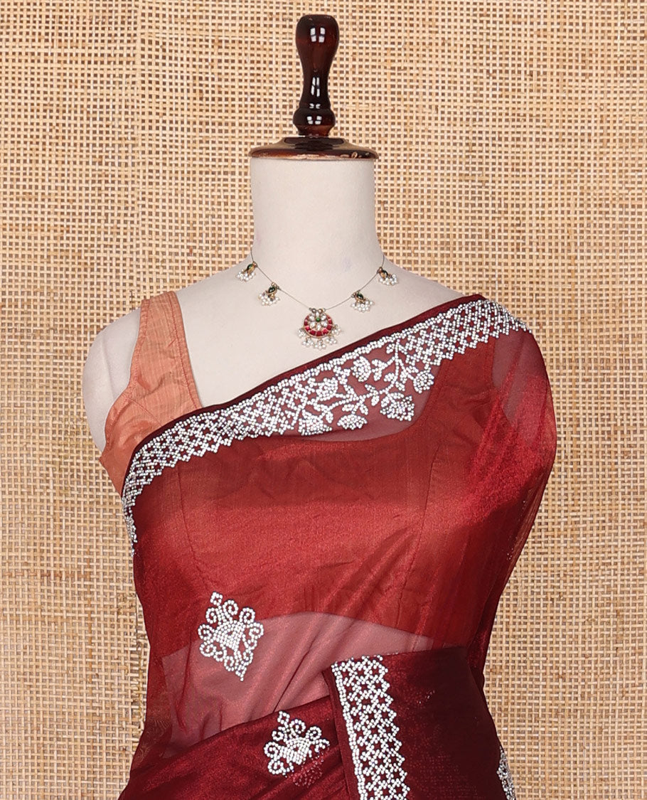 Maroon intricate stone embroidered designer saree, crystal stone embroidered border