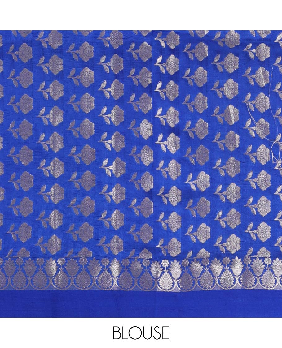 Royal blue zari buttas raw mango silk saree, floral-scallop border, and sliver color zari rich pallu of jaal design