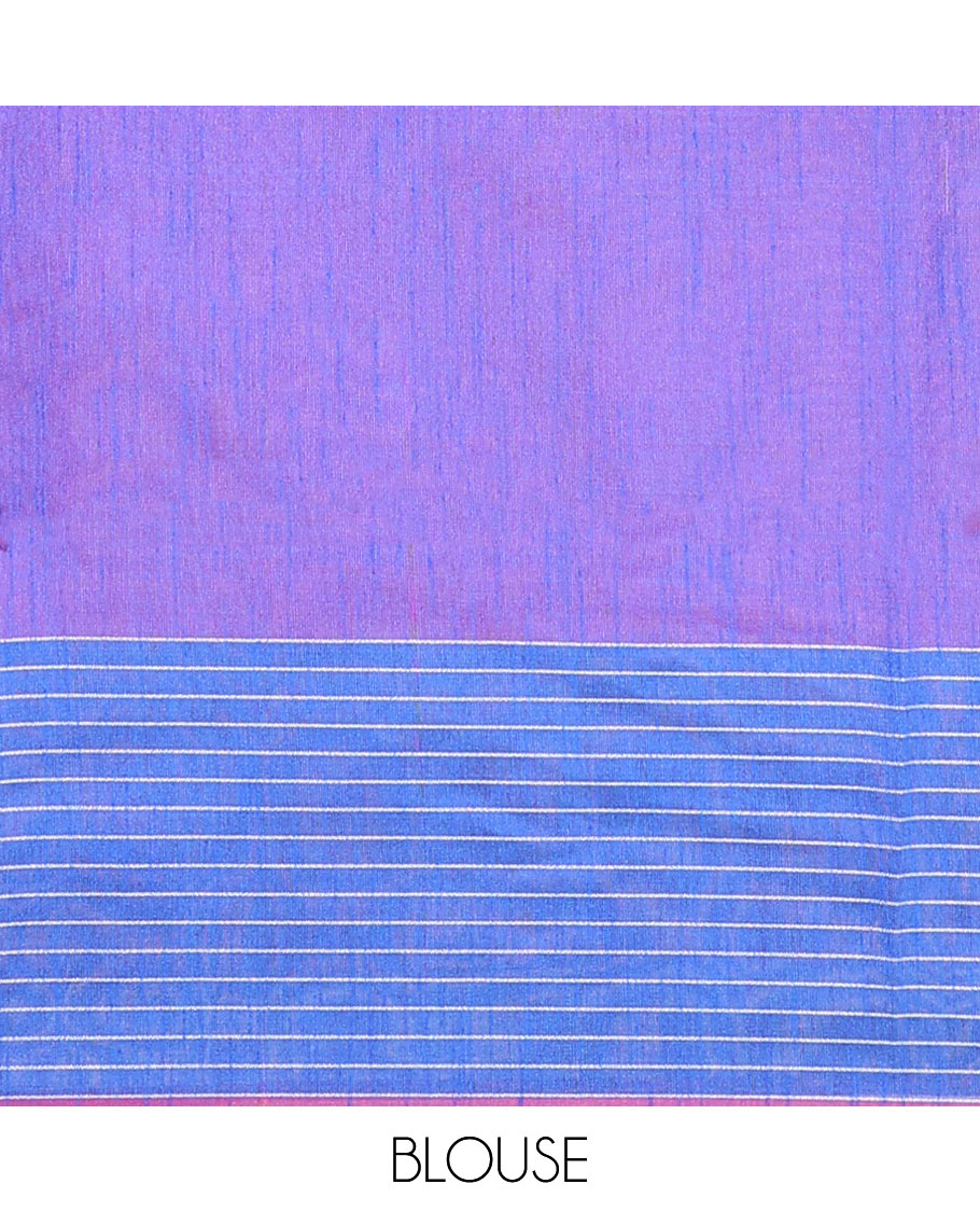 Pink plain dupion saree, contrast butta enclosed checked temple border, and buttas woven pallu