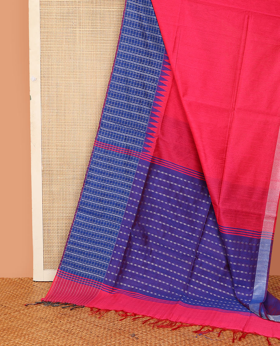 Pink plain dupion saree, contrast butta enclosed checked temple border, and buttas woven pallu