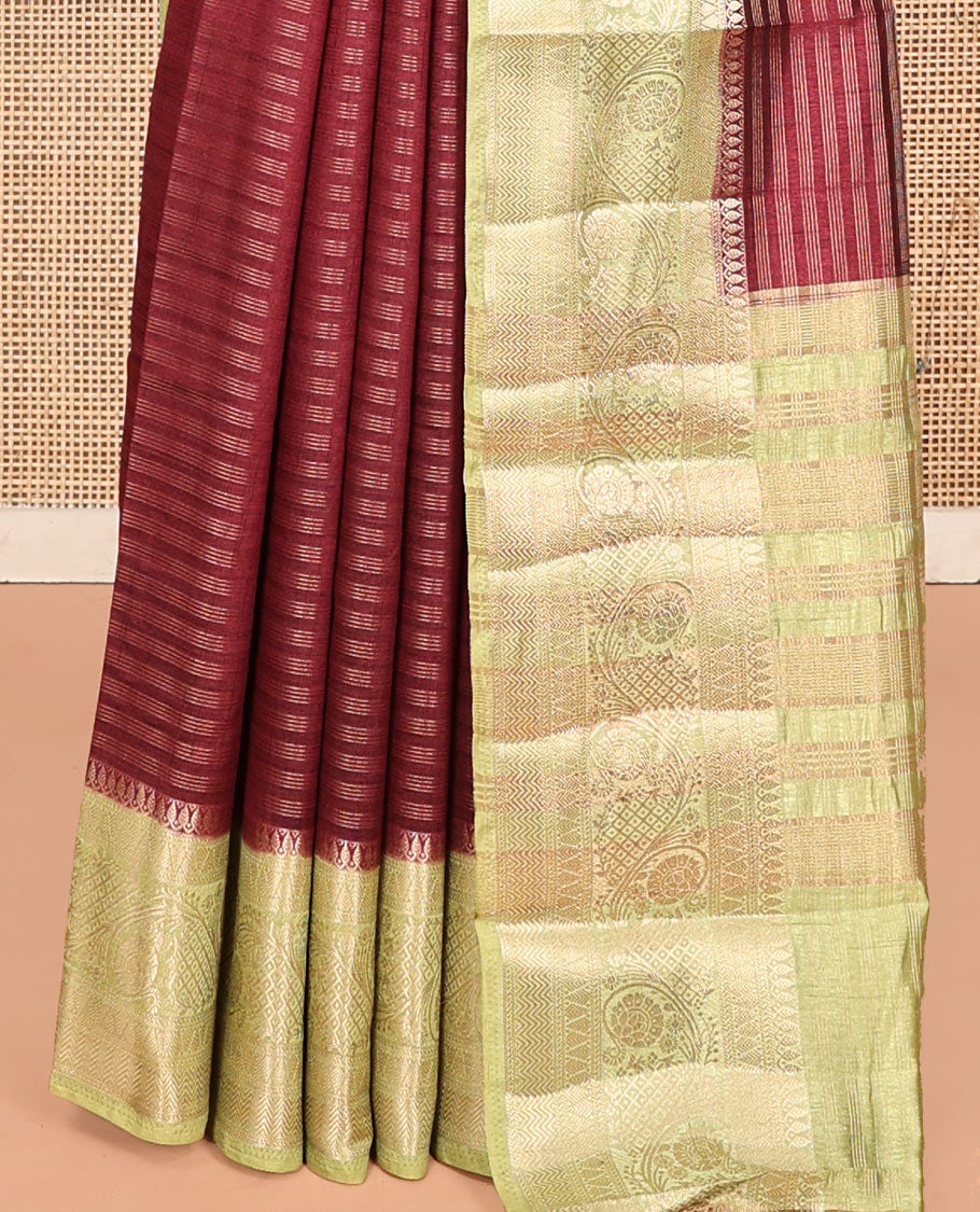 Maroon Semi-Banarasi Dupion Saree, Detailed with Stripes, a Contrast Floral Creeper Zari Border, Striped Pallu, and a Contrast Blouse