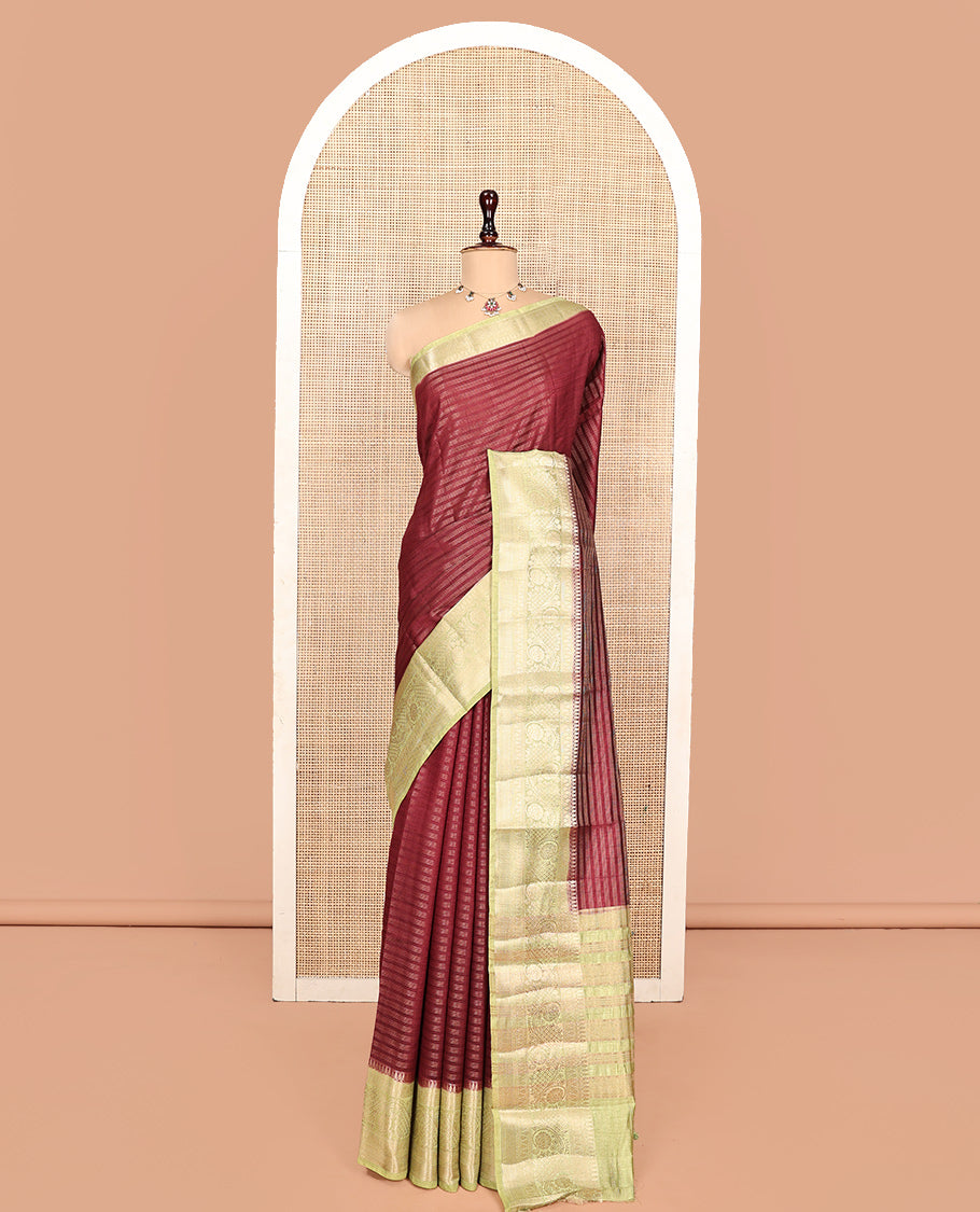 Maroon Semi-Banarasi Dupion Saree, Detailed with Stripes, a Contrast Floral Creeper Zari Border, Striped Pallu, and a Contrast Blouse