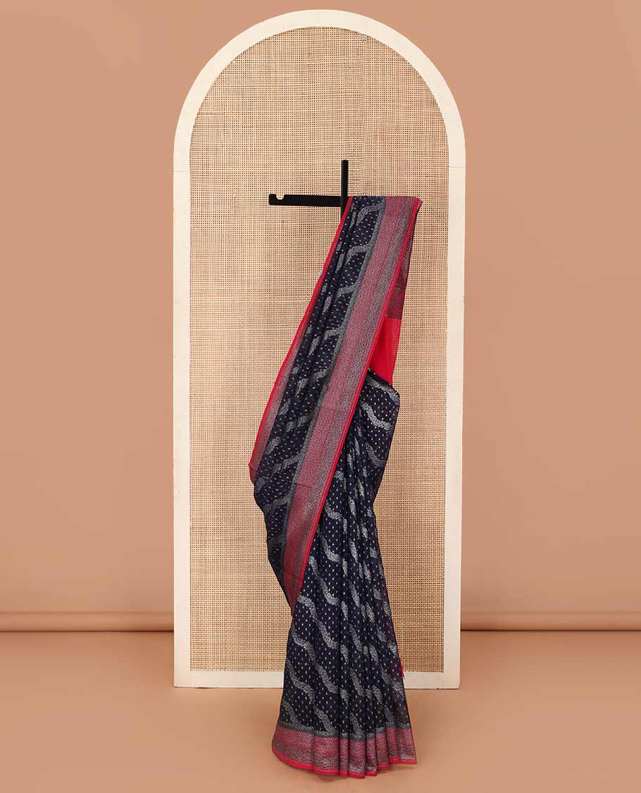 Deep blue diagonal zig-zag floral vine woven fancy saree, contrast zari border, and zari woven pallu