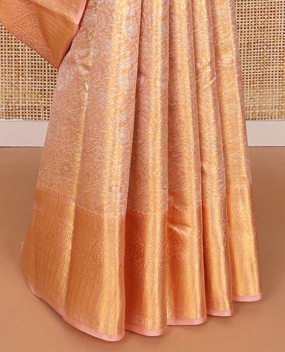 Light orange floral jacquard kancheepuram silk saree with contrast zari design & floral design pallu