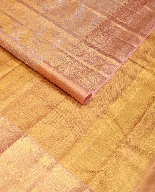 Light orange floral jacquard kancheepuram silk saree with contrast zari design & floral design pallu