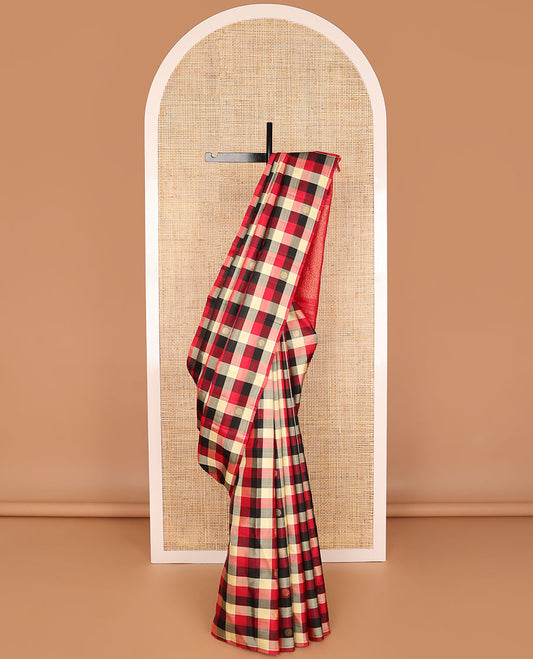 Borderless multi-color checked, buttas kancheepuram silk saree with floral design pallu