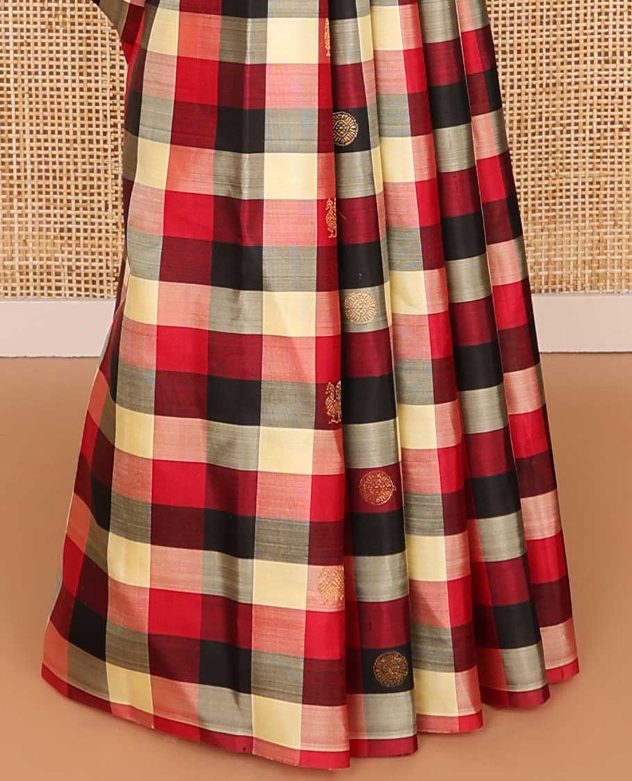 Borderless multi-color checked, buttas kancheepuram silk saree with floral design pallu