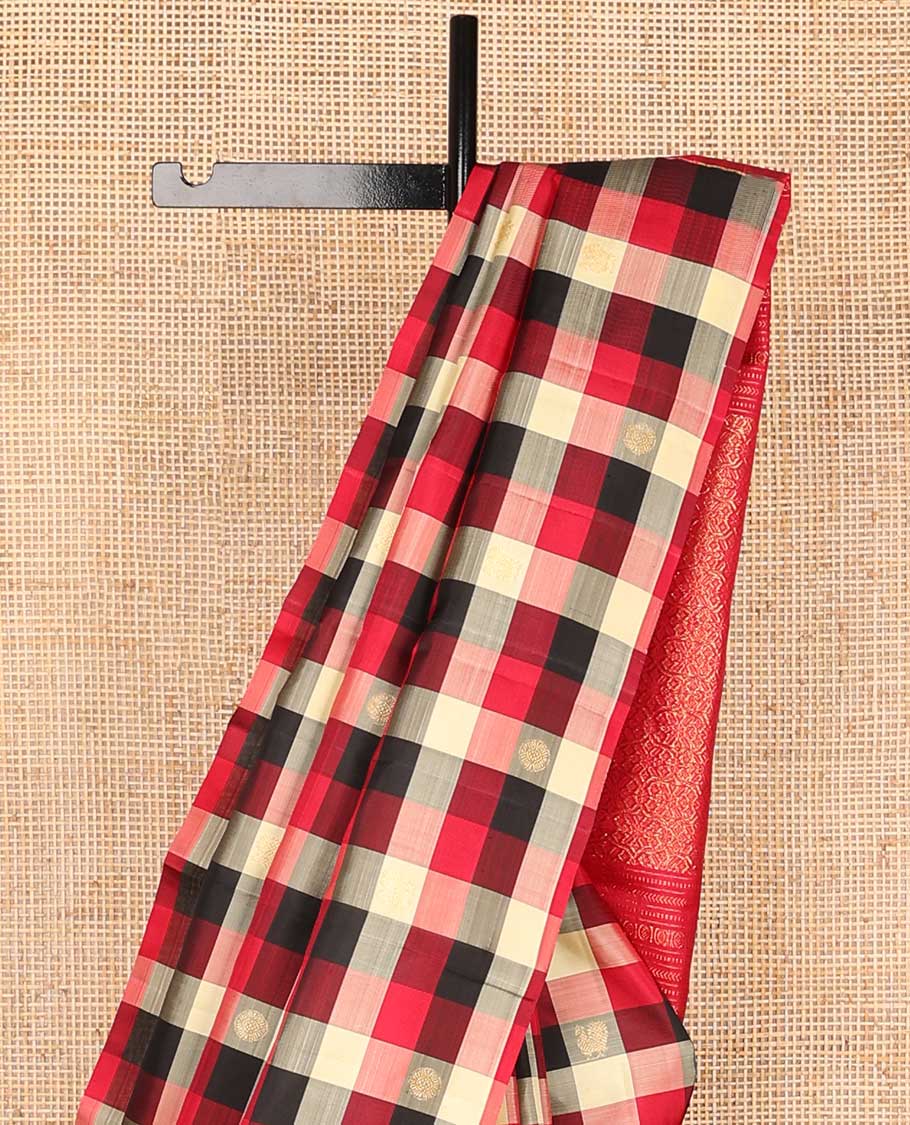 Borderless multi-color checked, buttas kancheepuram silk saree with floral design pallu