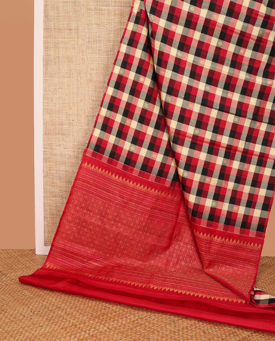 Borderless multi-color checked, buttas kancheepuram silk saree with floral design pallu