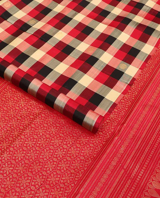Borderless multi-color checked, buttas kancheepuram silk saree with floral design pallu