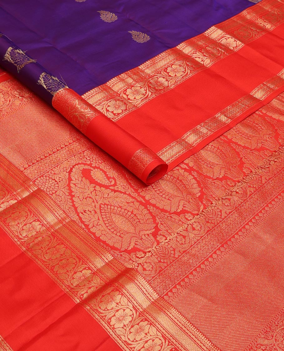 Violet zari buttas silk saree, contrast rettai pettu border of thilakam mokku,neli,mayil kann & kodi visiry & manga design pallu