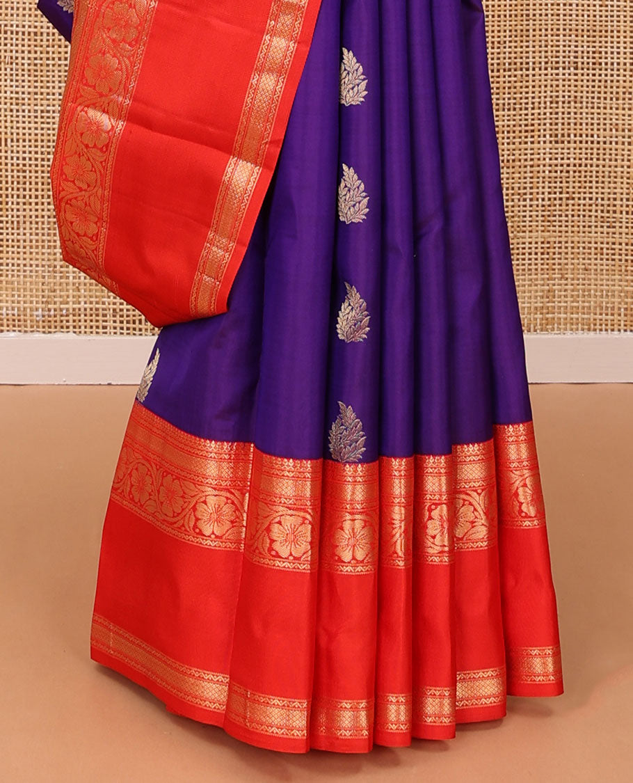 Violet zari buttas silk saree, contrast rettai pettu border of thilakam mokku,neli,mayil kann & kodi visiry & manga design pallu