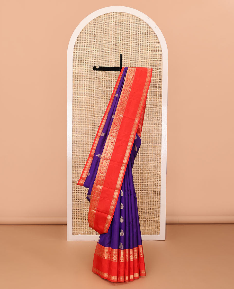 Violet zari buttas silk saree, contrast rettai pettu border of thilakam mokku,neli,mayil kann & kodi visiry & manga design pallu