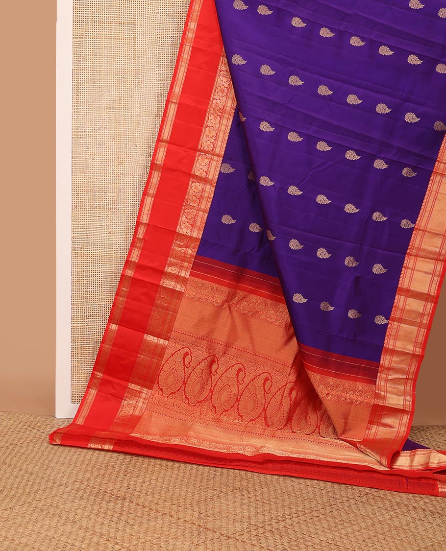Violet zari buttas silk saree, contrast rettai pettu border of thilakam mokku,neli,mayil kann & kodi visiry & manga design pallu