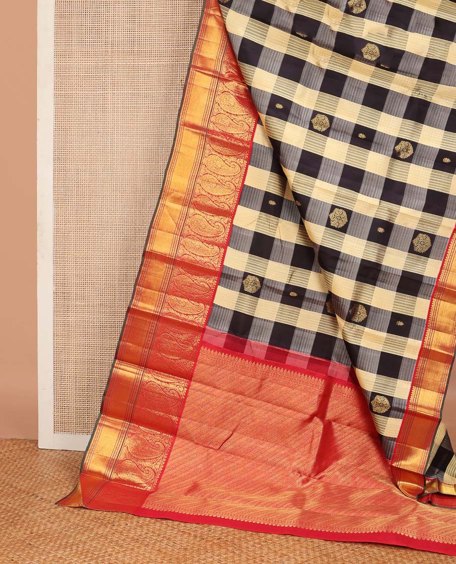 Multi-color checked and zari buttas Kanchipuram korvai silk saree, contrast neer korvai border of rekku, arumbu manga, banaras, poun, and kathir designs, and kathir pallu