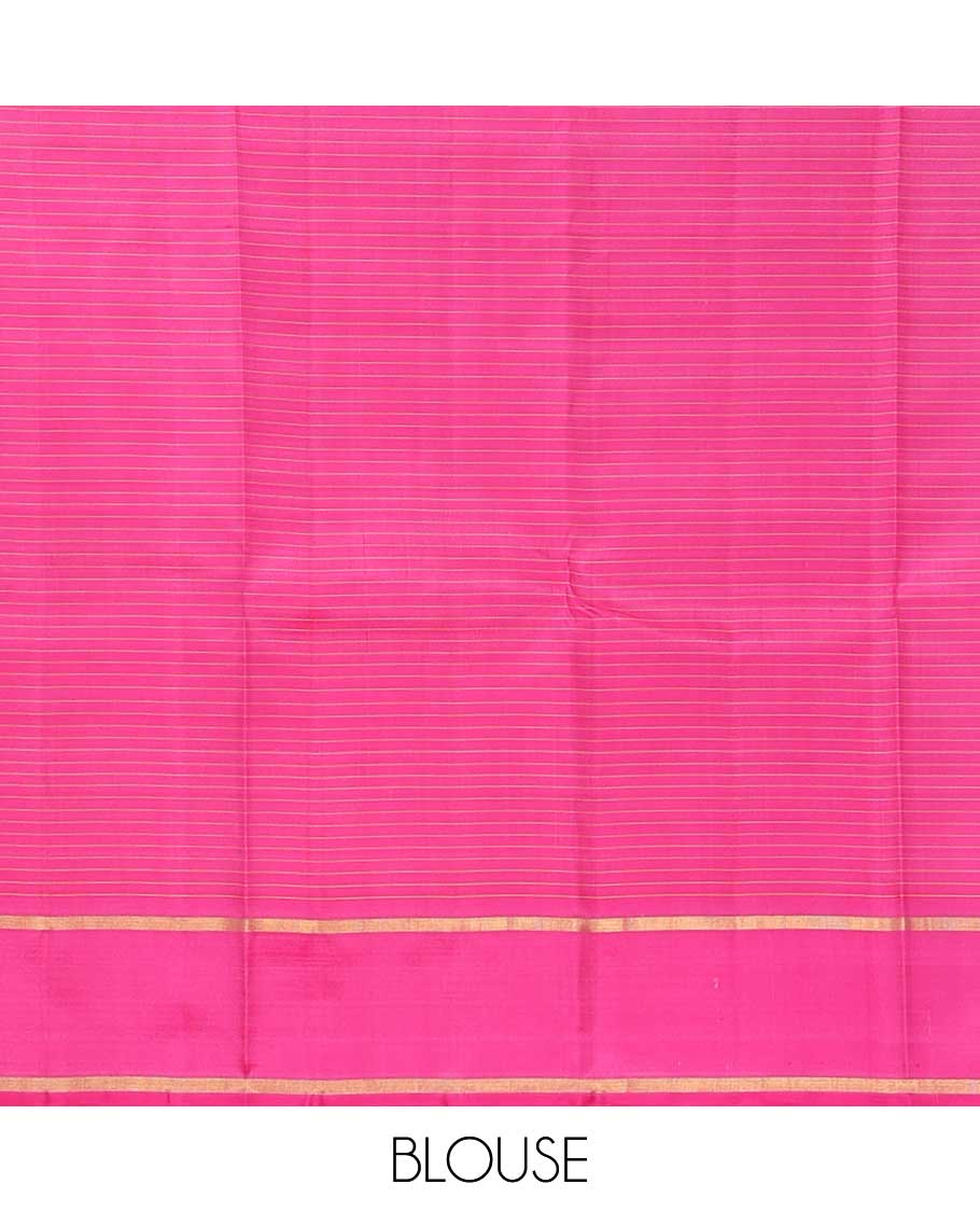 Pink zari micro-checked Kanchipuram silk saree, rettai pettu zari striped border, and zari striped pallu