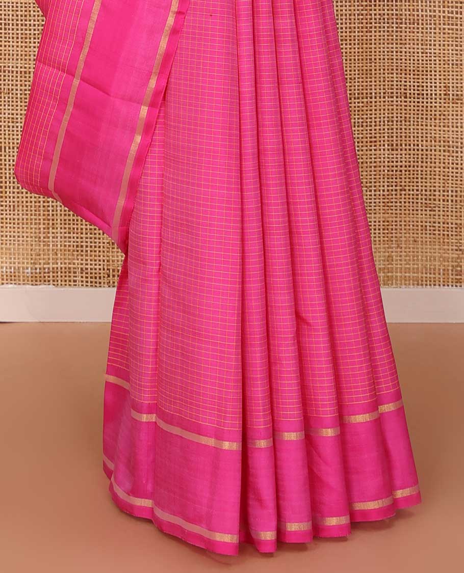 Pink zari micro-checked Kanchipuram silk saree, rettai pettu zari striped border, and zari striped pallu