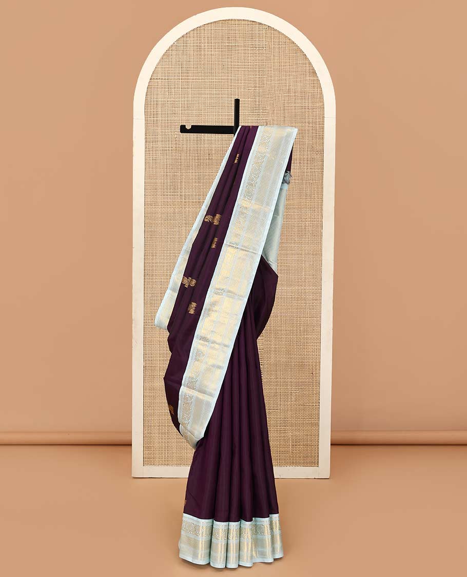 Eggplant purple zari buttas Kanchipuram silk saree, contrast korvai border of rekku, muthu, mayil, kuyil kann, and ara maadam designs, and intricately zari woven pallu