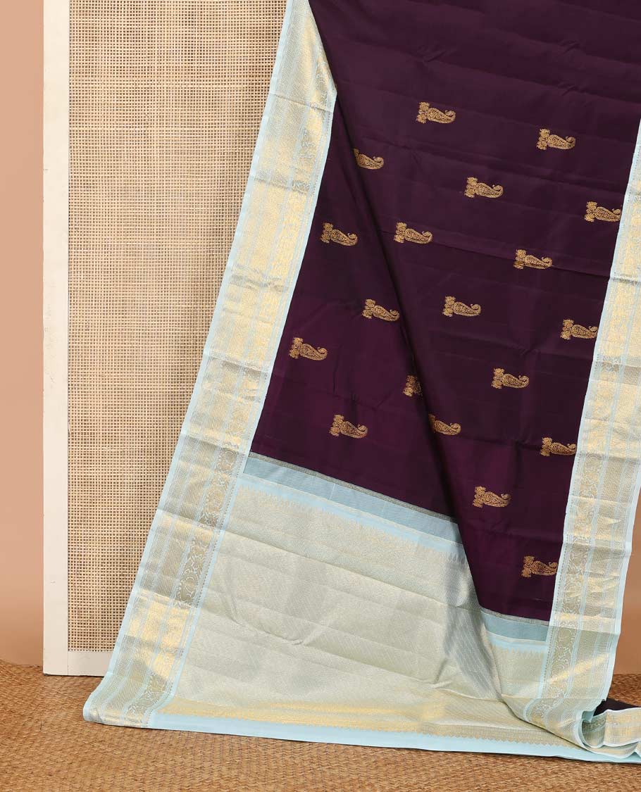 Eggplant purple zari buttas Kanchipuram silk saree, contrast korvai border of rekku, muthu, mayil, kuyil kann, and ara maadam designs, and intricately zari woven pallu