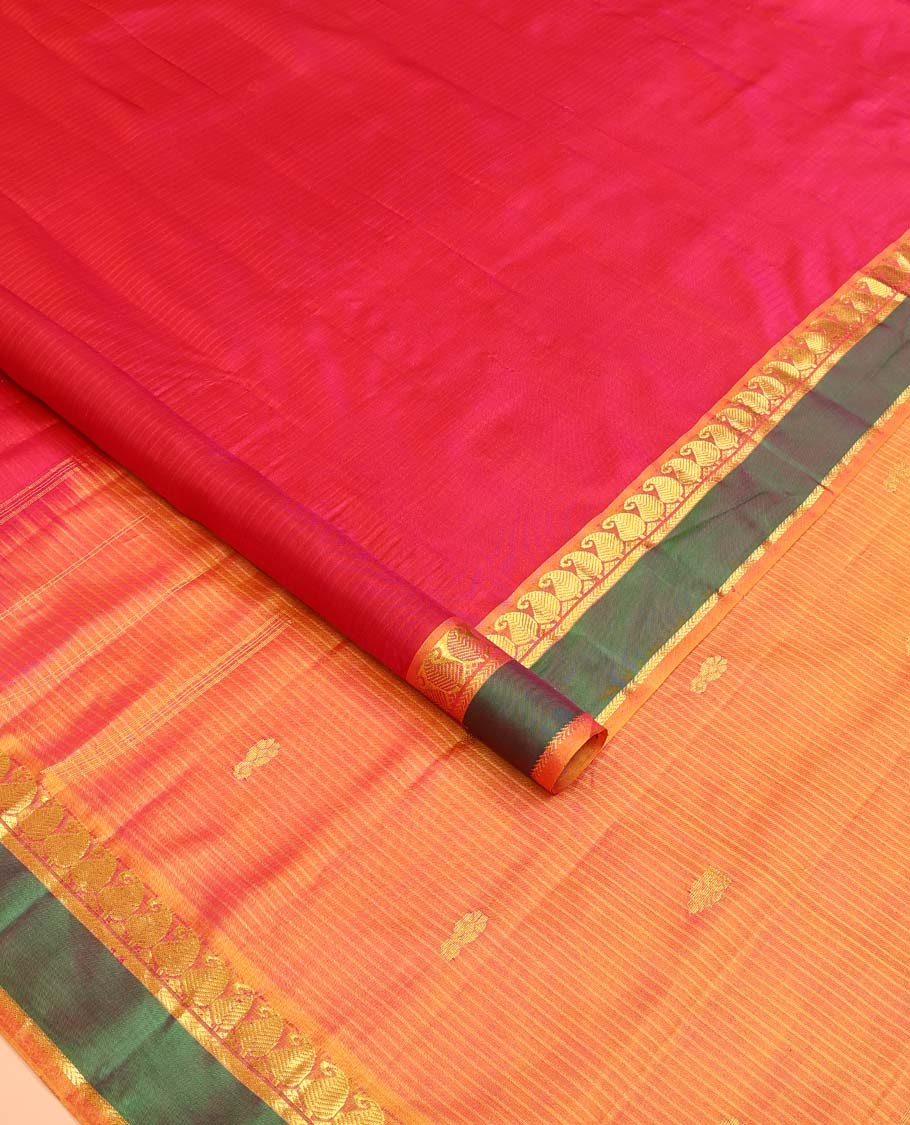 Pink striped Kanchipuram silk saree, contrast rettai pettu border of vanki manga, and kathir designs, and zari design pallu