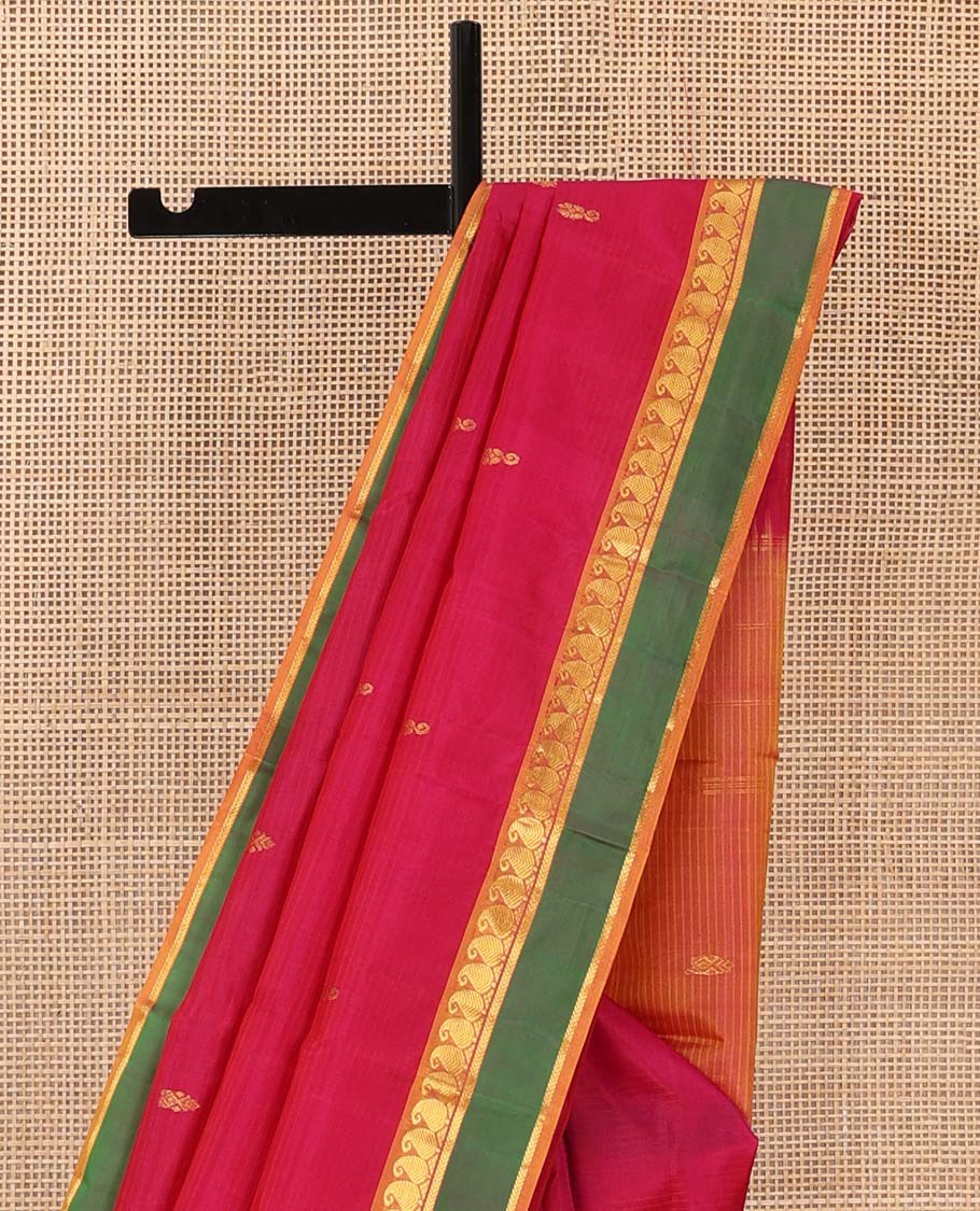 Pink striped Kanchipuram silk saree, contrast rettai pettu border of vanki manga, and kathir designs, and zari design pallu