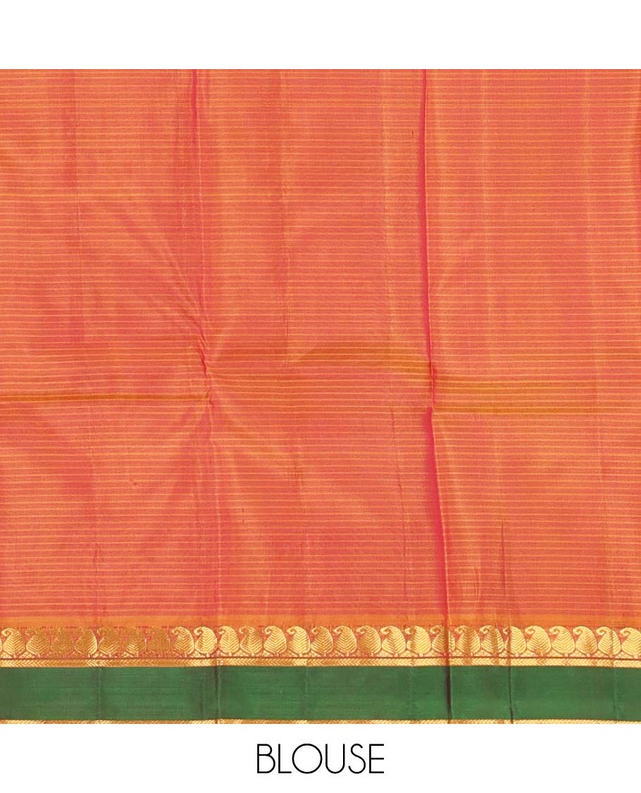 Pink striped Kanchipuram silk saree, contrast rettai pettu border of vanki manga, and kathir designs, and zari design pallu
