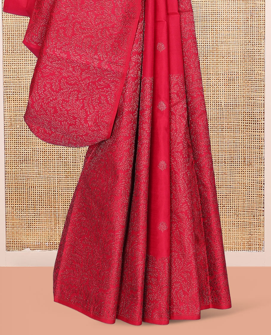 Borderless Red Kanchipuram Designer Silk Saree, Sparsely Sparkled with Zari Buttas and Jacquard Design, Jaal Pallu, and a Matching Blouse