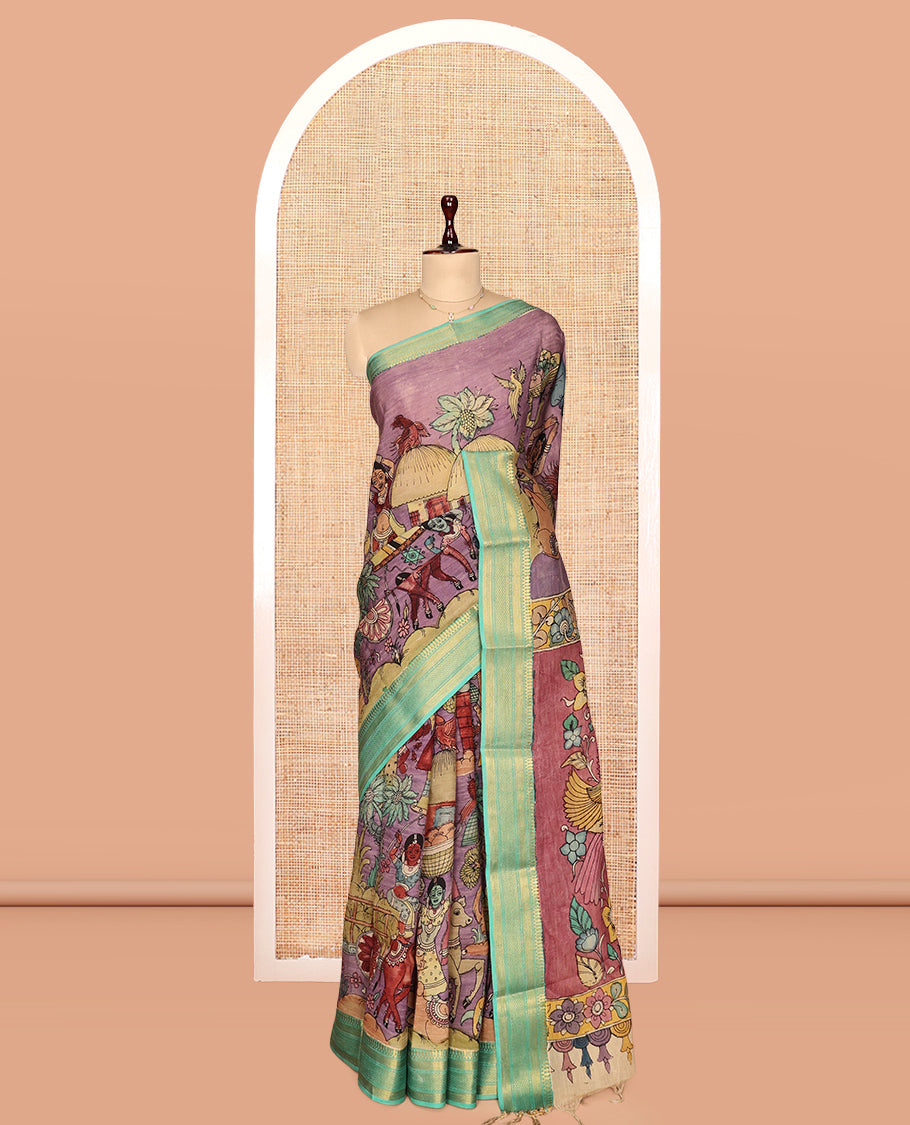 Purple Kalamkari Silk Saree, Finely Crafted with Human Figurines, a Contrast Traditional Zari Border, Pallu of Kalamkari Design, and a Contrast Blouse