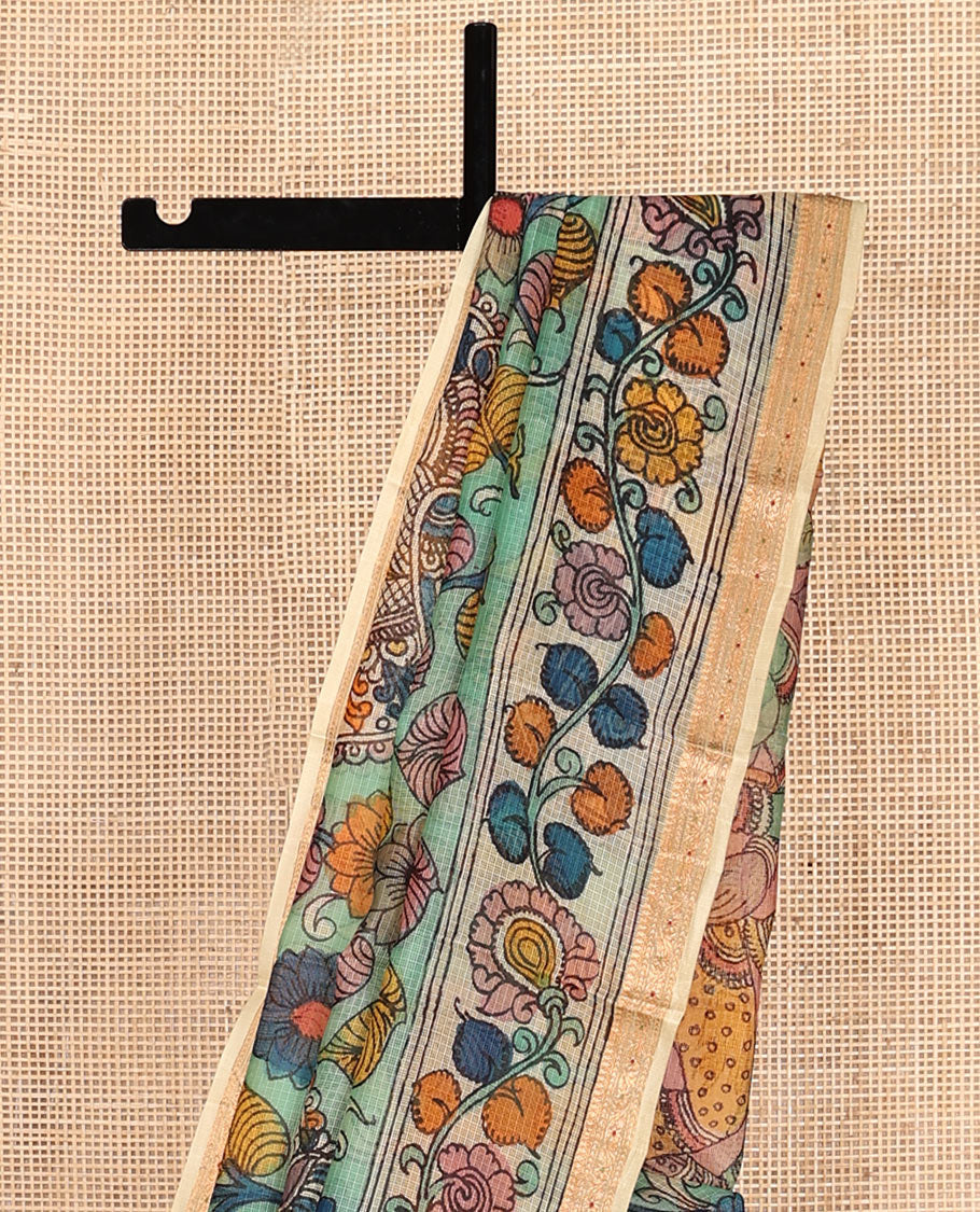 Green Floral-Peacock Pen Kalamkari Silk Saree, Contrast Floral Print Zari Border, Ancient Motif Pallu, a Contrast Blouse