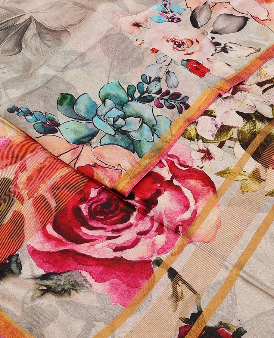 Half-white colorful floral printed banana pith saree, contrast piping border, and floral motifs printed pallu