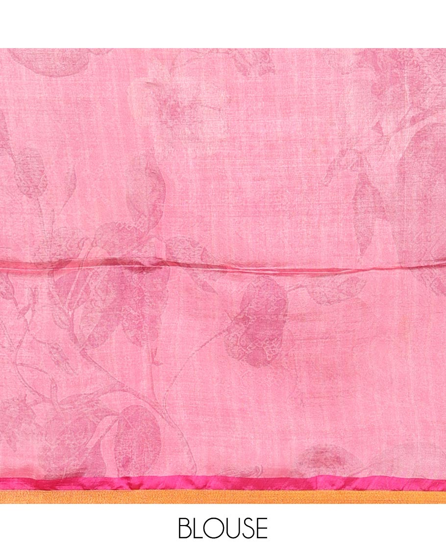 Half-white colorful floral printed banana pith saree, contrast piping border, and floral motifs printed pallu