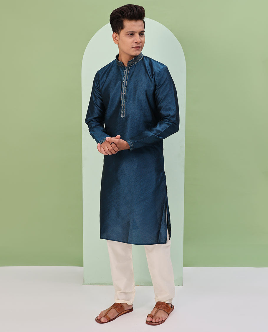 Peacock blue chevron embossed & neck work full-sleeved kurta